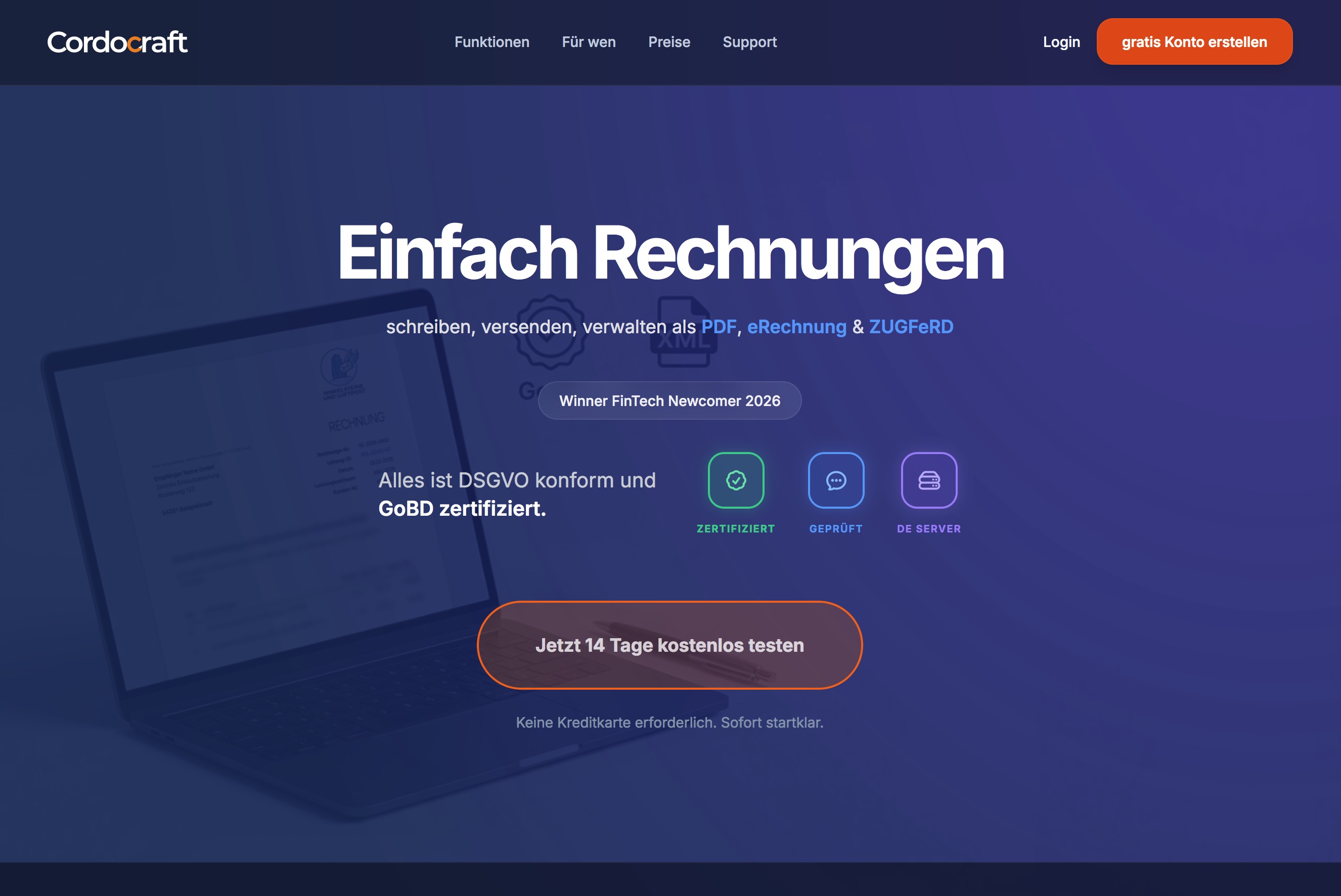 Screenshot des intuitiven Cordocraft Dashboards für einfache Rechnungsstellung
